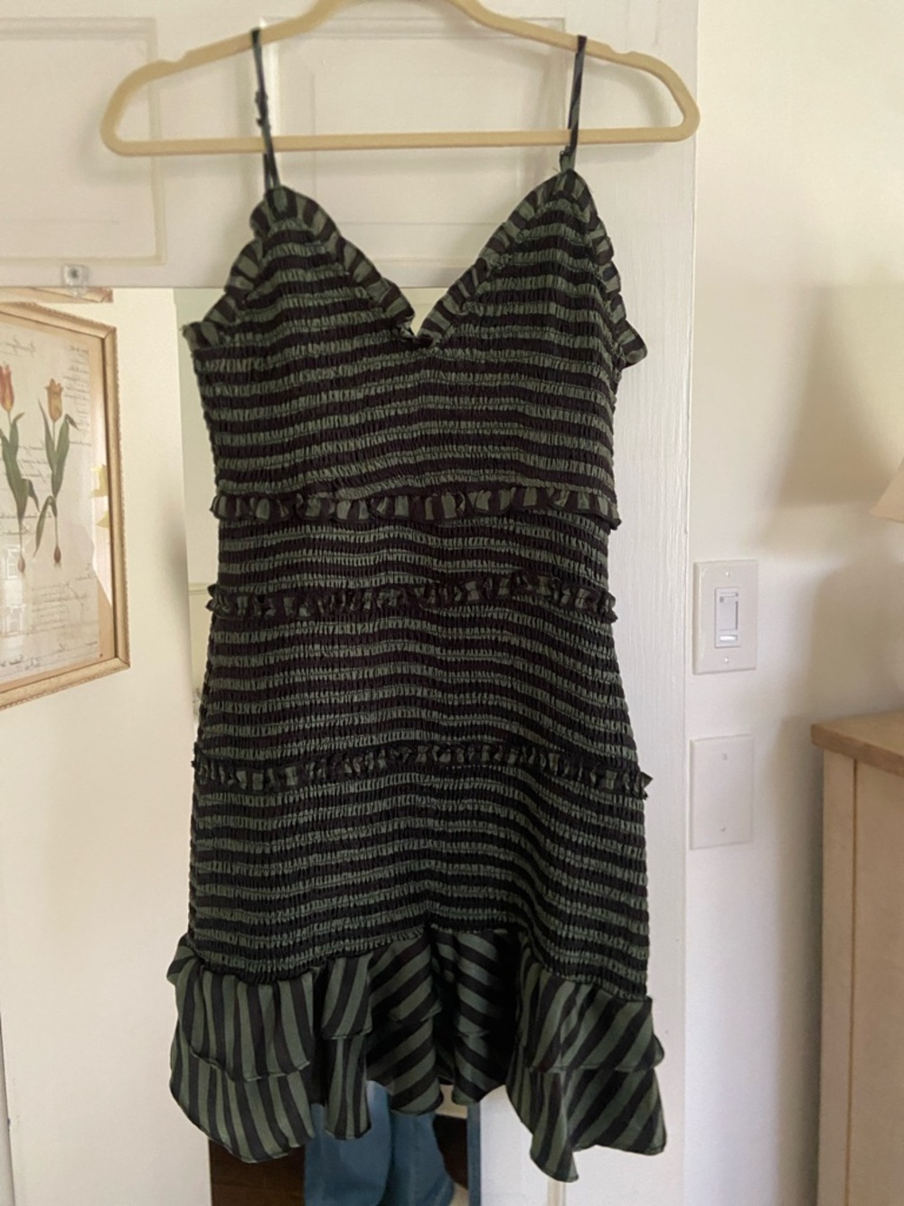 Olivaceous Black and Olive Green Striped Ruffle Mini Dress